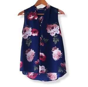 DEX Navy Floral V-Neck Sleeveless Chiffon Blouse